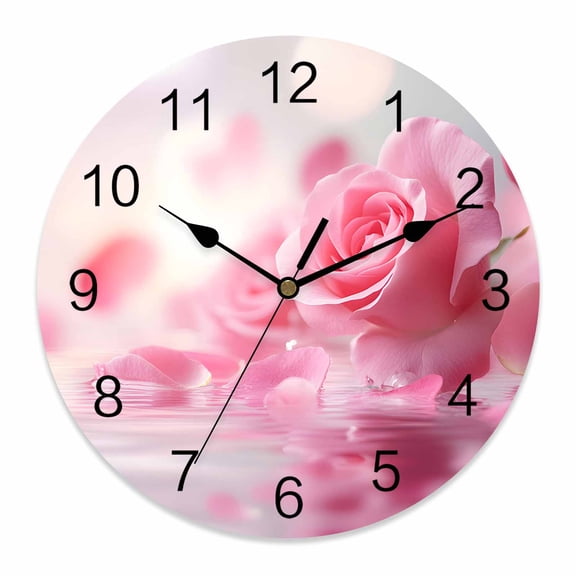 Wall Clock Pink Rose Clocks PVC Silent Non-Ticking Battery Operated Decorative Dreamy Petals Water Round Clock for Home Living Room Kitchen Bedroom Office School Wall Decor 10 Inch