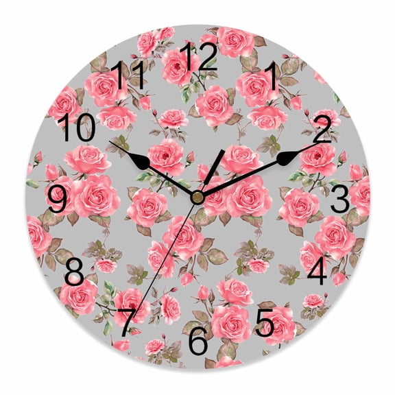 Wall Clock Pink Rose Clocks PVC Silent Non-Ticking Battery Operated Decorative Flower Grey Round Clock for Home Living Room Kitchen Bedroom Office School Wall Decor 10 Inch