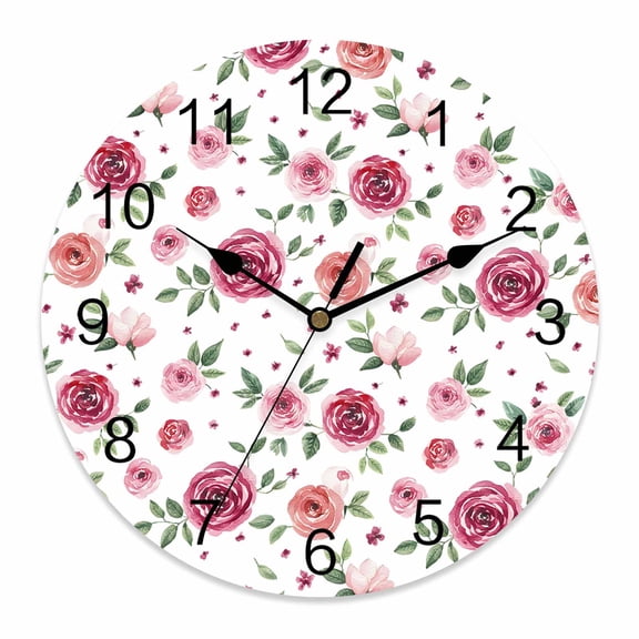 Wall Clock Pink Rose Clocks PVC Silent Non-Ticking Battery Operated Decorative Watercolor Farm Flower Round Clock for Home Living Room Kitchen Bedroom Office School Wall Decor 10 Inch