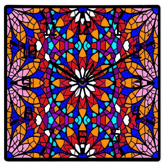 Wall Clock Pink Stained Glass Flower Operated Square Clocks Wooden Silent Non-Ticking Wallclock 12 Inch Shiny Tiling Bohemian Wood Wall Clock for Living Room Bedroom Office Shool Home Decor