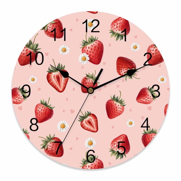 Wall Clock Pink Strawberry Clocks PVC Silent Non-Ticking Battery Operated Decorative Summer Fruit Daisy Flower Round Clock for Home Living Room Kitchen Bedroom Office School Wall Decor 12 Inch