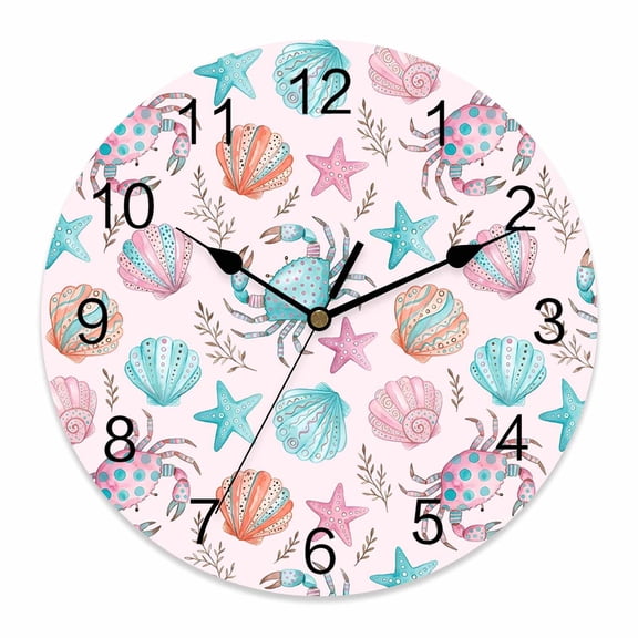 Wall Clock Pink Teal Conch Shell Clocks PVC Silent Non-Ticking Battery Operated Decorative Polka Dots Crab Round Clock for Home Living Room Kitchen Bedroom Office School Wall Decor 14 Inch