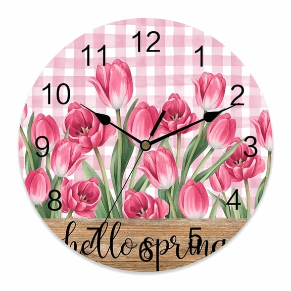 Wall Clock Pink Tulip Flower Clocks PVC Silent Non-Ticking Battery Operated Decorative Hello Spring Floral Buffalo Plaid Round Clock for Home Living Room Kitchen Bedroom Office Wall Decor 10 Inch
