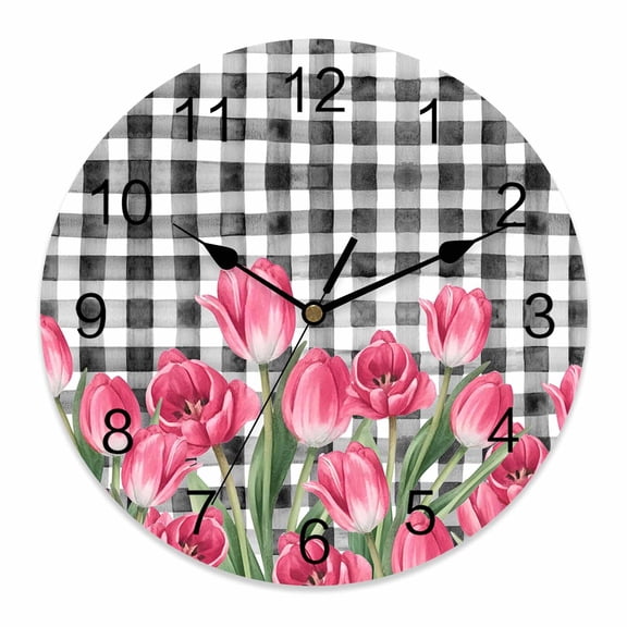Wall Clock Pink Tulip Flower Clocks PVC Silent Non-Ticking Battery Operated Decorative Spring Floral Black Plaid Round Clock for Home Living Room Kitchen Bedroom Office School Wall Decor 10 Inch