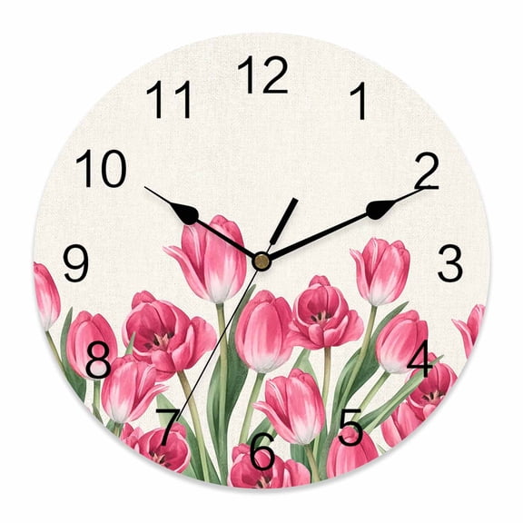 Wall Clock Pink Tulip Flower Clocks PVC Silent Non-Ticking Battery Operated Decorative Spring Floral Linen Round Clock for Home Living Room Kitchen Bedroom Office School Wall Decor 10 Inch