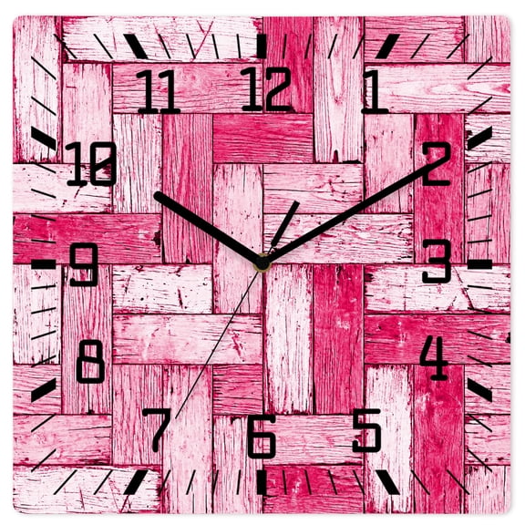 Wall Clock Pink Wood Grain Operated Square Clocks Wooden Silent Non-Ticking Wallclock 12 Inch Rustic Wooden Plank Wood Wall Clock for Living Room Bedroom Office Shool Home Decor