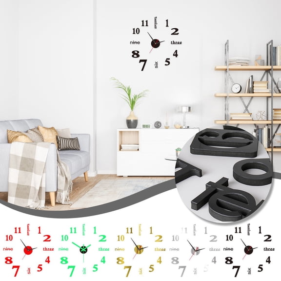Wall Clock No Punching DIY, Usupdd Silent Decorative Wall Clock for Living Room, Acrylic Scan Mute 24-Hour Wall Sticker Clock for Bedroom Office, Silver