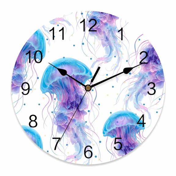 Wall Clock Purple Blue Jellyfish Clocks PVC Silent Non-Ticking Battery Operated Decorative Coastal Ocean Bubbles Round Clock for Home Living Room Kitchen Bedroom Office School Wall Decor 10 Inch
