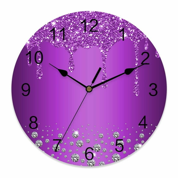 Wall Clock Purple Diamond Clocks PVC Silent Non-Ticking Battery Operated Decorative Luxury Bling Water Drop Round Clock for Home Living Room Kitchen Bedroom Office School Wall Decor 10 Inch