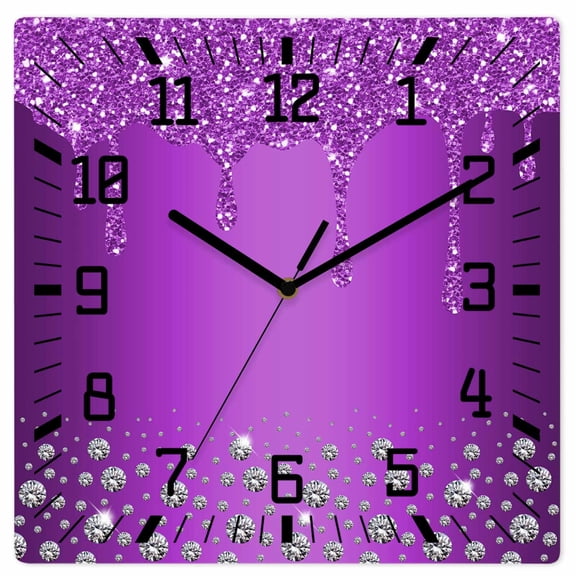 Wall Clock Purple Diamond Operated Square Clocks Wooden Silent Non-Ticking Wallclock 12 Inch Luxury Bling Water Drop Wood Wall Clock for Living Room Bedroom Office Shool Home Decor