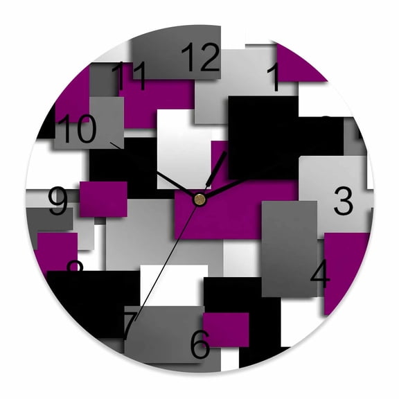 Wall Clock Purple Geometric Clocks PVC Silent Non-Ticking Battery Operated Decorative Modern Abstract Checkered Round Clock for Home Living Room Kitchen Bedroom Office School Wall Decor 10 Inch