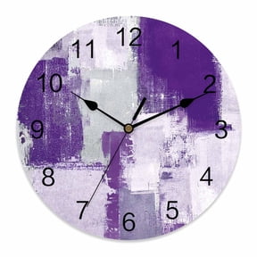 Wall Clock Purple Gray Block Clocks PVC Silent Non-Ticking Battery Operated Decorative Abstract Art Round Clock for Home Living Room Kitchen Bedroom Office School Wall Decor 10 Inch