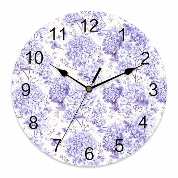 Wall Clock Purple Hydrangea Clocks PVC Silent Non-Ticking Battery Operated Decorative Spring Flower Leaf Round Clock for Home Living Room Kitchen Bedroom Office School Wall Decor 10 Inch