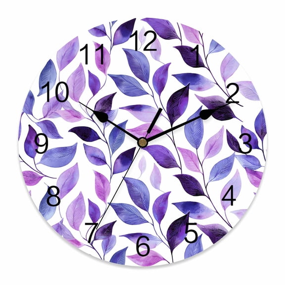 Wall Clock Purple Leaves Clocks PVC Silent Non-Ticking Battery Operated Decorative Spring Leaf Plants Round Clock for Home Living Room Kitchen Bedroom Office School Wall Decor 10 Inch