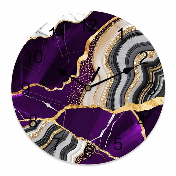 Wall Clock Purple Marble Texture Clocks PVC Silent Non-Ticking Battery Operated Decorative Abstract Gold Fluid Round Clock for Home Living Room Kitchen Bedroom Office School Wall Decor 10 Inch