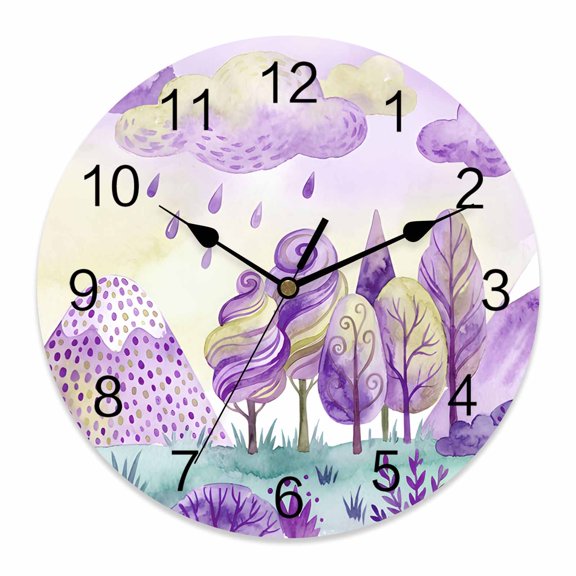 Wall Clock Purple Could Rain Drop Clocks PVC Silent Non-Ticking Battery Operated Decorative Forest Tree Mountain Round Clock for Home Living Room Kitchen Bedroom Office School Wall Decor 14 Inch