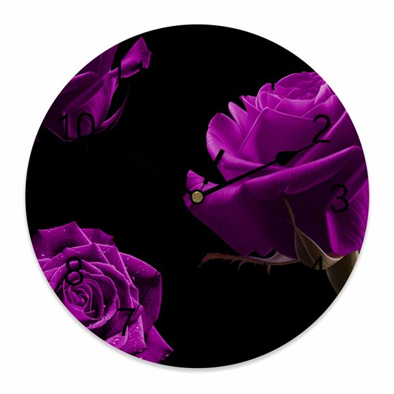 Wall Clock Purple Rose Clocks PVC Silent Non-Ticking Battery Operated Decorative Vintage Flower Garden Round Clock for Home Living Room Kitchen Bedroom Office School Wall Decor 10 Inch
