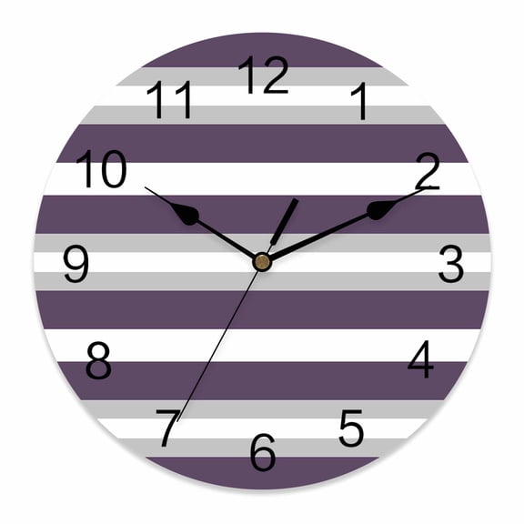 Wall Clock Purple Stripe Clocks PVC Silent Non-Ticking Battery Operated Decorative Grey Simple Striped Round Clock for Home Living Room Kitchen Bedroom Office School Wall Decor 10 Inch