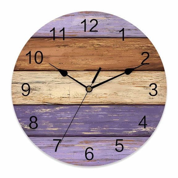 Wall Clock Purple Wood Grain Clocks PVC Silent Non-Ticking Battery Operated Decorative Rustic Retro Brown Wooden Round Clock for Home Living Room Kitchen Bedroom Office School Wall Decor 10 Inch