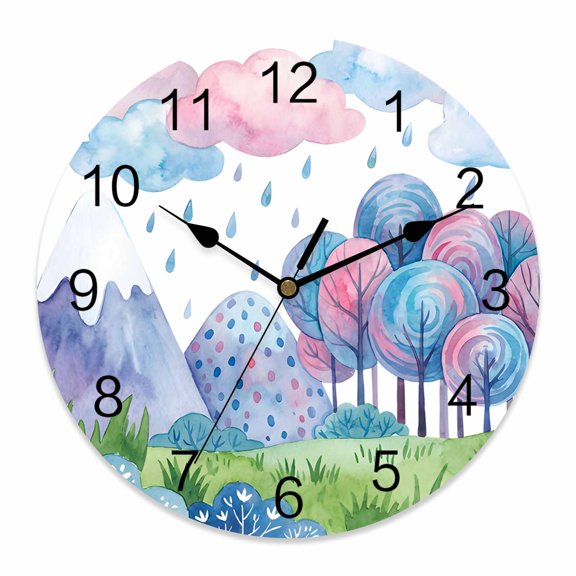 Wall Clock Rain Drop Could Clocks PVC Silent Non-Ticking Battery Operated Decorative Forest Tree Mountain Grassland Round Clock for Home Living Room Kitchen Bedroom Office School Wall Decor 10 Inch