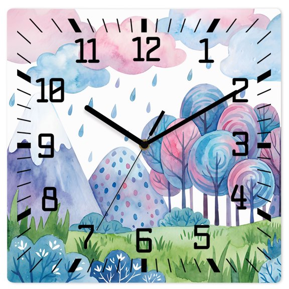 Wall Clock Rain Drop Could Operated Square Clocks Wooden Silent Non-Ticking Wallclock 12 Inch Forest Tree Mountain Grassland Wood Wall Clock for Living Room Bedroom Office Shool Home Decor