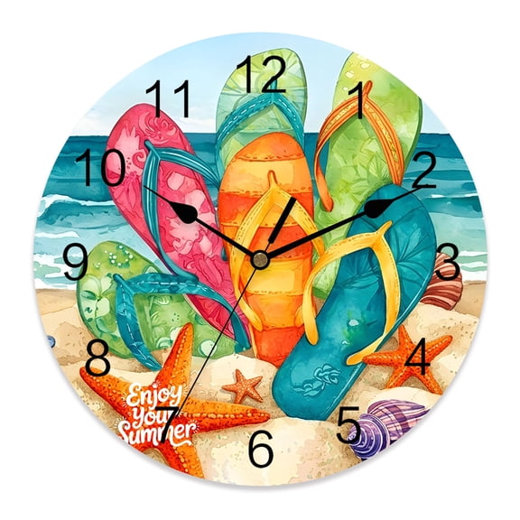 Wall Clock Rainbow Flip Flops Clocks PVC Silent Non-Ticking Battery Operated Decorative Summer Beach Sand Starfish Round Clock for Home Living Room Kitchen Bedroom Office School Wall Decor 12 Inch