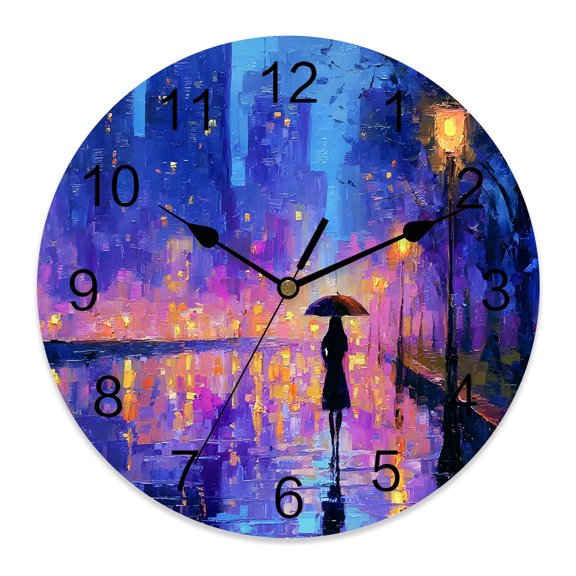 Wall Clock Rainy Night Walk Clocks PVC Silent Non-Ticking Battery Operated Decorative Streetlight Impressionist Round Clock for Home Living Room Kitchen Bedroom Office School Wall Decor 10 Inch