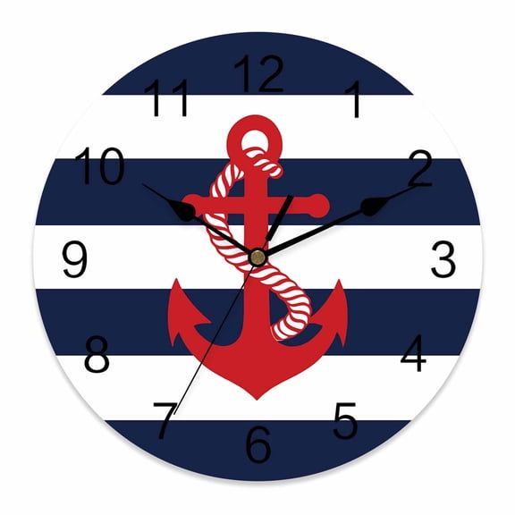Wall Clock Red Anchor Clocks PVC Silent Non-Ticking Battery Operated Decorative Navy Blue Stripes Round Clock for Home Living Room Kitchen Bedroom Office School Wall Decor 10 Inch