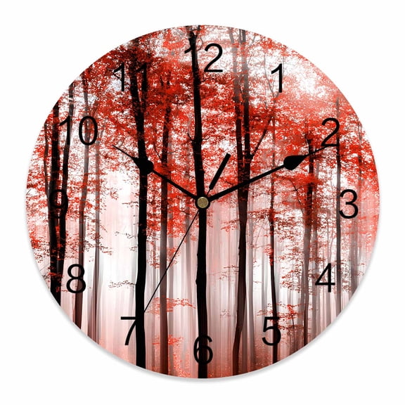 Wall Clock Red Autumn Maple Forest Clocks PVC Silent Non-Ticking Battery Operated Decorative Misty Forest Trees Round Clock for Home Living Room Kitchen Bedroom Office School Wall Decor 10 Inch