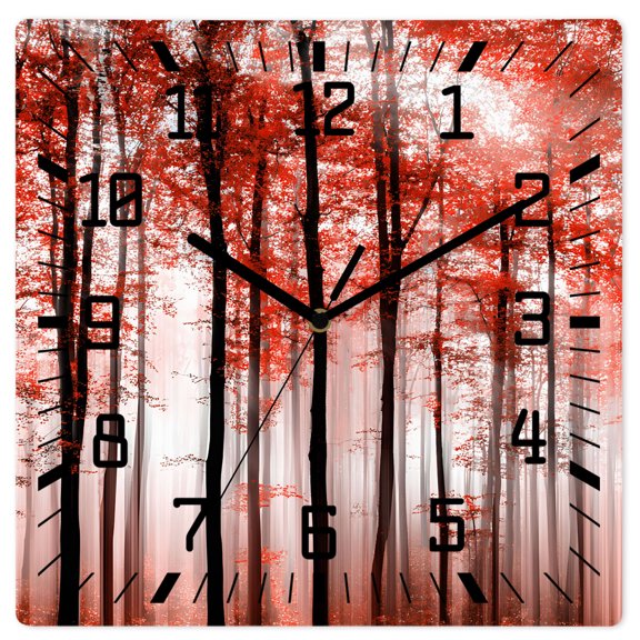 Wall Clock Red Autumn Maple Forest Operated Square Clocks Wooden Silent Non-Ticking Wallclock 10 Inch Misty Forest Trees Wood Wall Clock for Living Room Bedroom Office Shool Home Decor