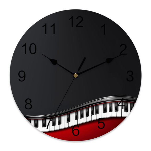 Wall Clock Red Black Wave Lines Clocks PVC Silent Non-Ticking Battery Operated Decorative Musical Piano Keyboard Round Clock for Home Living Room Kitchen Bedroom Office School Wall Decor 10 Inch