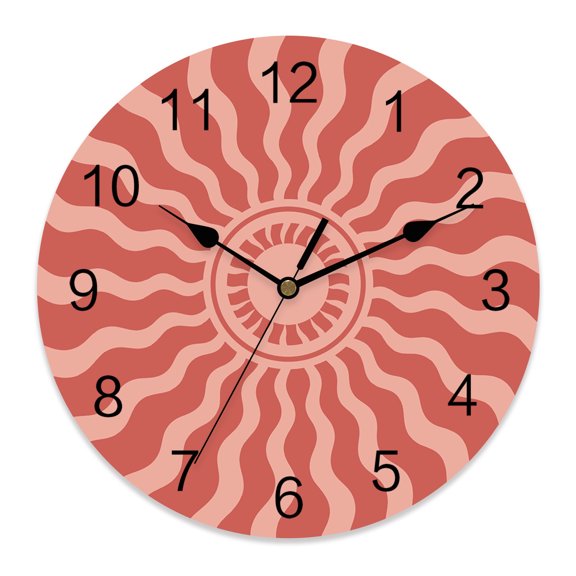 Wall Clock Red Boho Radiant Sun Clocks PVC Silent Non-Ticking Battery Operated Decorative Bohemian Wavy Sunbeams Round Clock for Home Living Room Kitchen Bedroom Office School Wall Decor 10 Inch