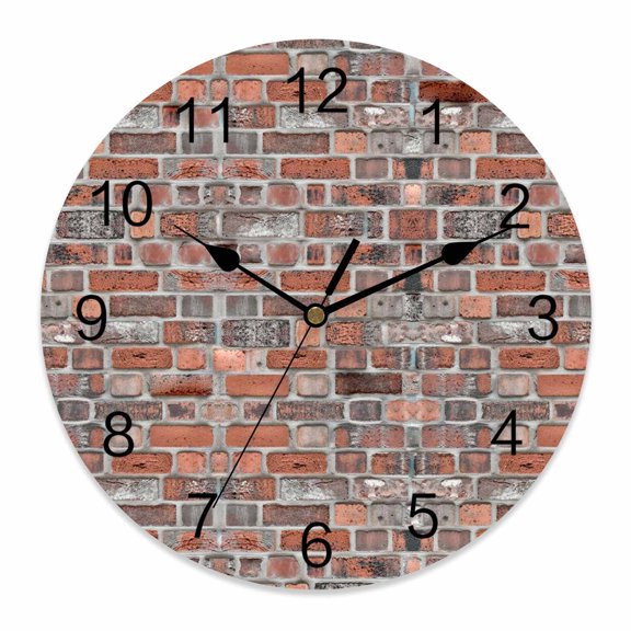 Wall Clock Red Bricks Walls Clocks PVC Silent Non-Ticking Battery Operated Decorative Retro Art Round Clock for Home Living Room Kitchen Bedroom Office School Wall Decor 10 Inch