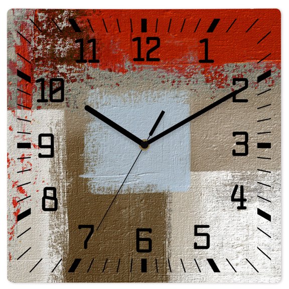 Wall Clock Red Brown Abstract Painting Operated Square Clocks Wooden Silent Non-Ticking Wallclock 10 Inch Modern Art Paint Wood Wall Clock for Living Room Bedroom Office Shool Home Decor