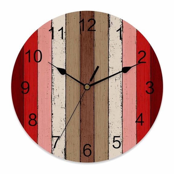 Wall Clock Red Brown Wood Grain Clocks PVC Silent Non-Ticking Battery Operated Decorative Rustic Wooden Plank Round Clock for Home Living Room Kitchen Bedroom Office School Wall Decor 14 Inch