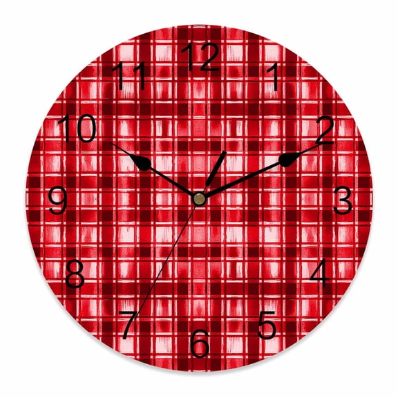Wall Clock Red Buffalo Plaid Clocks PVC Silent Non-Ticking Battery Operated Decorative Watercolor Check Stripes Round Clock for Home Living Room Kitchen Bedroom Office School Wall Decor 10 Inch