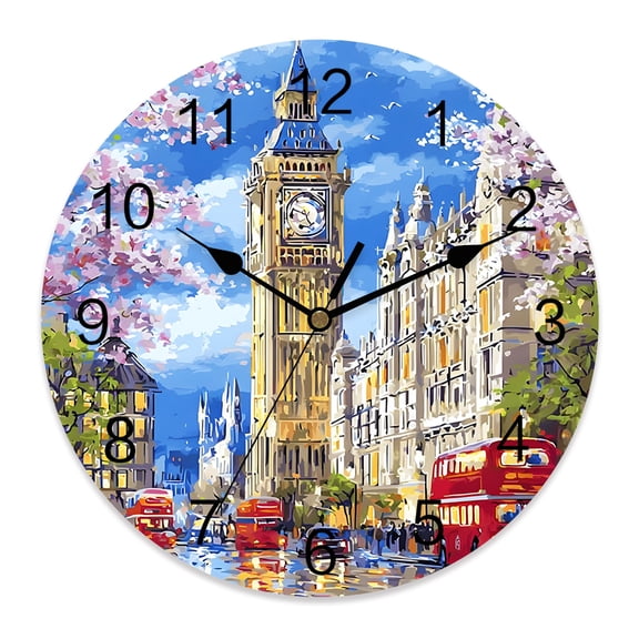 Wall Clock Red Bus Clock Tower Clocks PVC Silent Non-Ticking Battery Operated Decorative Cherry Blossoms Impressionist Round Clock for Home Living Room Kitchen Bedroom Office Wall Decor 10 Inch