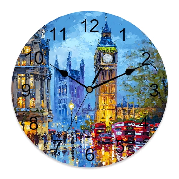 Wall Clock Red Bus Tall Clock Tower Clocks PVC Silent Non-Ticking Battery Operated Decorative European Impressionist Round Clock for Home Living Room Kitchen Bedroom Office School Wall Decor 10 Inch