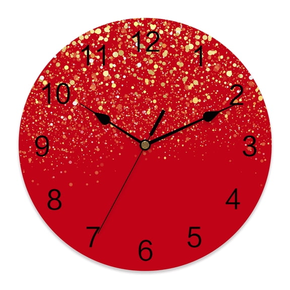 Wall Clock Red Clocks PVC Silent Non-Ticking Battery Operated Decorative Shiny Sparkles Celebration Round Clock for Home Living Room Kitchen Bedroom Office School Wall Decor 10 Inch