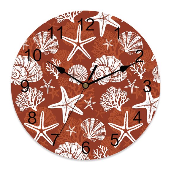 Wall Clock Red Coastal Marine Life Clocks PVC Silent Non-Ticking Battery Operated Decorative Starfish Shell Conch Round Clock for Home Living Room Kitchen Bedroom Office School Wall Decor 10 Inch