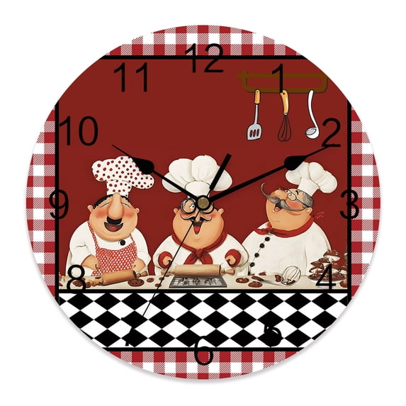 Wall Clock Red Cooking Chefs Clocks PVC Silent Non-Ticking Battery Operated Decorative Funny Cooker Checked Plaid Round Clock for Home Living Room Kitchen Bedroom Office School Wall Decor 10 Inch