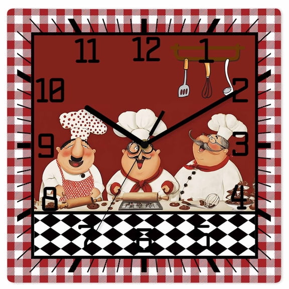 Wall Clock Red Cooking Chefs Operated Square Clocks Wooden Silent Non-Ticking Wallclock 12 Inch Funny Cooker Checked Plaid Wood Wall Clock for Living Room Bedroom Office Shool Home Decor