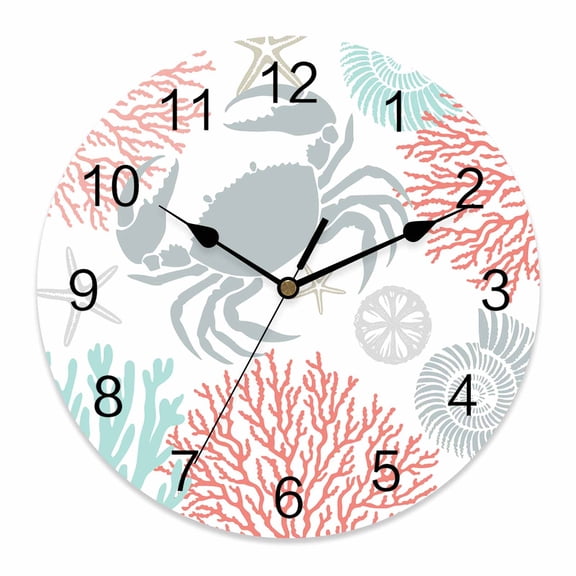 Wall Clock Red Coral Crab Clocks PVC Silent Non-Ticking Battery Operated Decorative Ocean Starfish Shell Round Clock for Home Living Room Kitchen Bedroom Office School Wall Decor 10 Inch