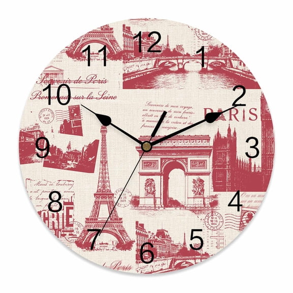 Wall Clock Red Eiffel Tower Clocks PVC Silent Non-Ticking Battery Operated Decorative France Paris Travel Landscape Round Clock for Home Living Room Kitchen Bedroom Office School Wall Decor 10 Inch