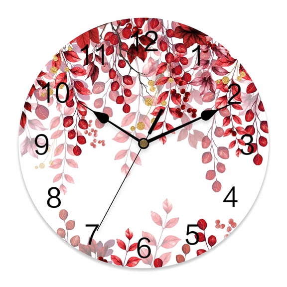 Wall Clock Red Eucalyptus Leaves Clocks PVC Silent Non-Ticking Battery Operated Decorative Berry Branch Nature Plant Round Clock for Home Living Room Kitchen Bedroom Office School Wall Decor 10 Inch