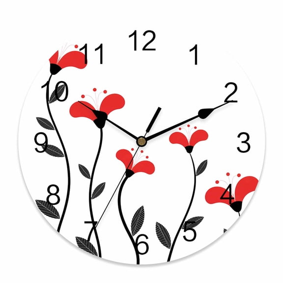 Wall Clock Red Flowers Clocks PVC Silent Non-Ticking Battery Operated Decorative Floral Abstract Lines Round Clock for Home Living Room Kitchen Bedroom Office School Wall Decor 10 Inch