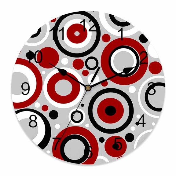 Wall Clock Red Geometric Circle Clocks PVC Silent Non-Ticking Battery Operated Decorative Modern Art Abstract Round Clock for Home Living Room Kitchen Bedroom Office School Wall Decor 10 Inch