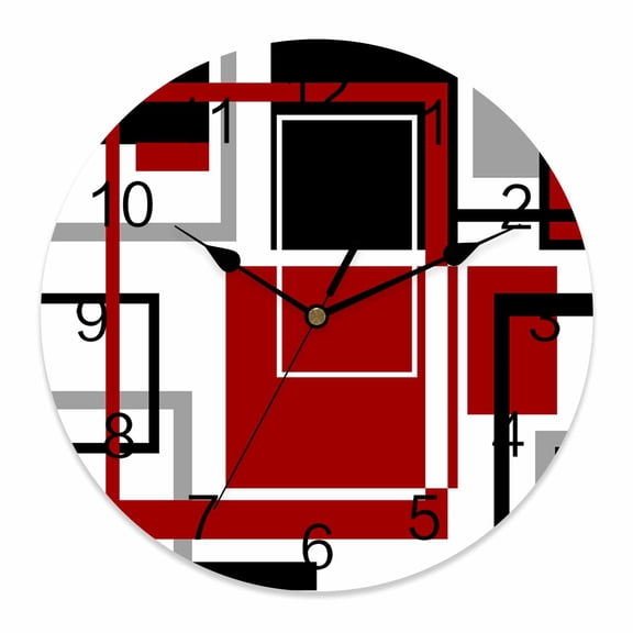 Wall Clock Red Geometric Clocks PVC Silent Non-Ticking Battery Operated Decorative Black Abstract Lines Round Clock for Home Living Room Kitchen Bedroom Office School Wall Decor 10 Inch