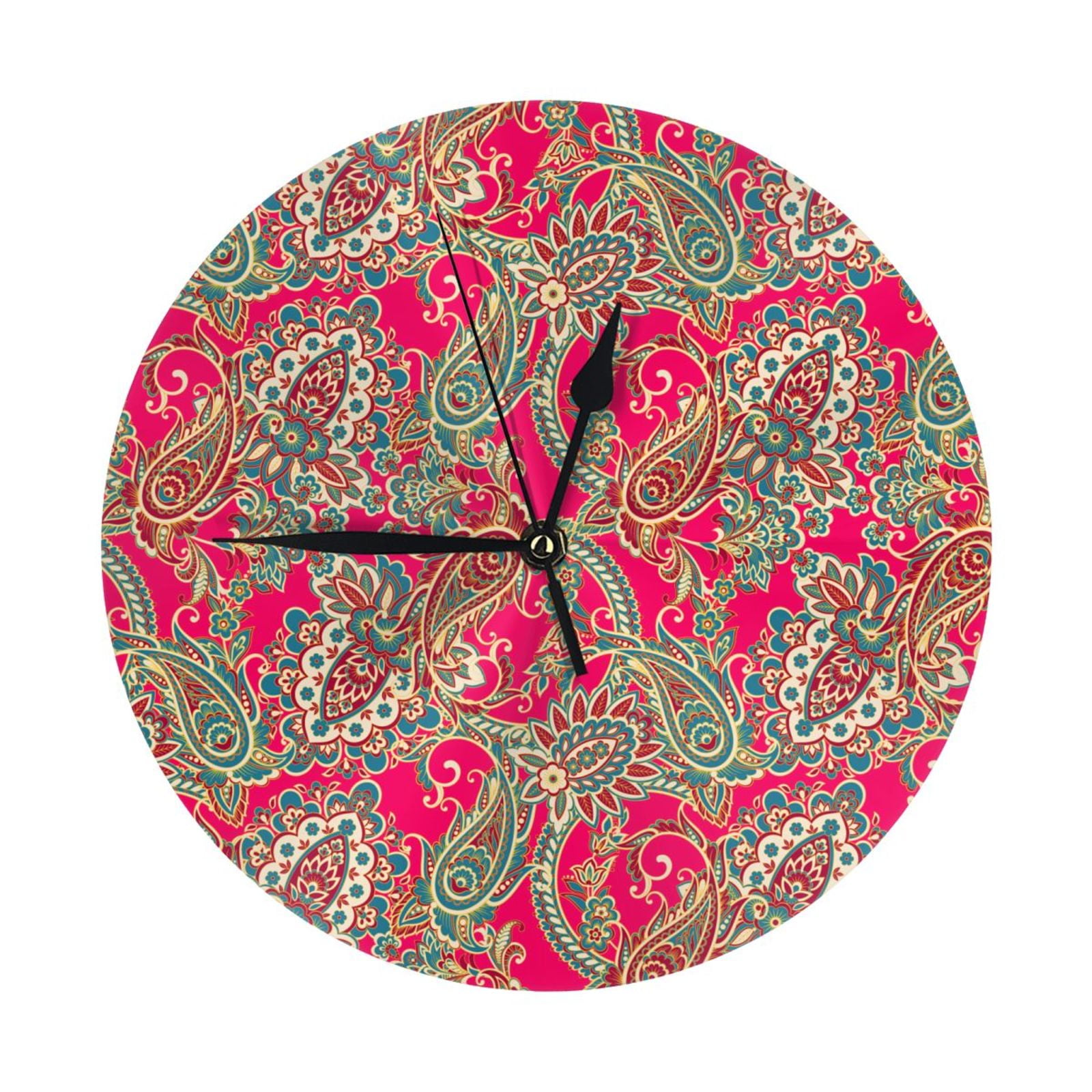 Wall Clock, Red Green Paisley Wall Clocks Battery Operated Silent ...