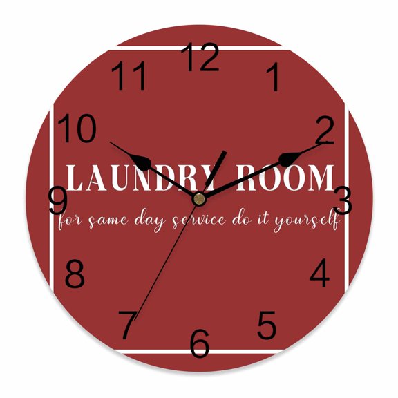 Wall Clock Red Laundry Room Clocks PVC Silent Non-Ticking Battery Operated Decorative Do It Yourself Round Clock for Home Living Room Kitchen Bedroom Office School Wall Decor 10 Inch